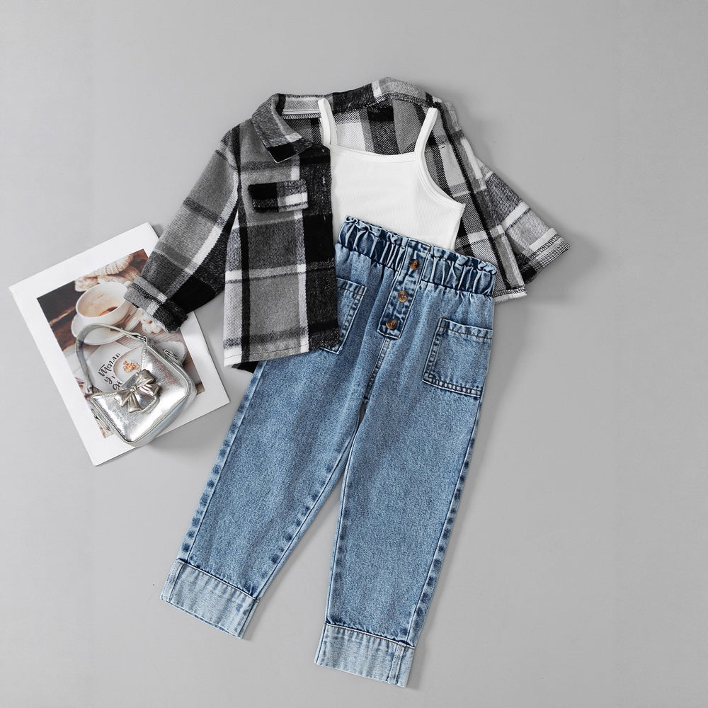 New arrivalautum cross-border girl's woolen lapel shirt suspender denim vest heavy washing water worker jeans three-piece set