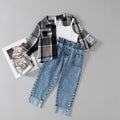 New arrivalautum cross-border girl's woolen lapel shirt suspender denim vest heavy washing water worker jeans three-piece set