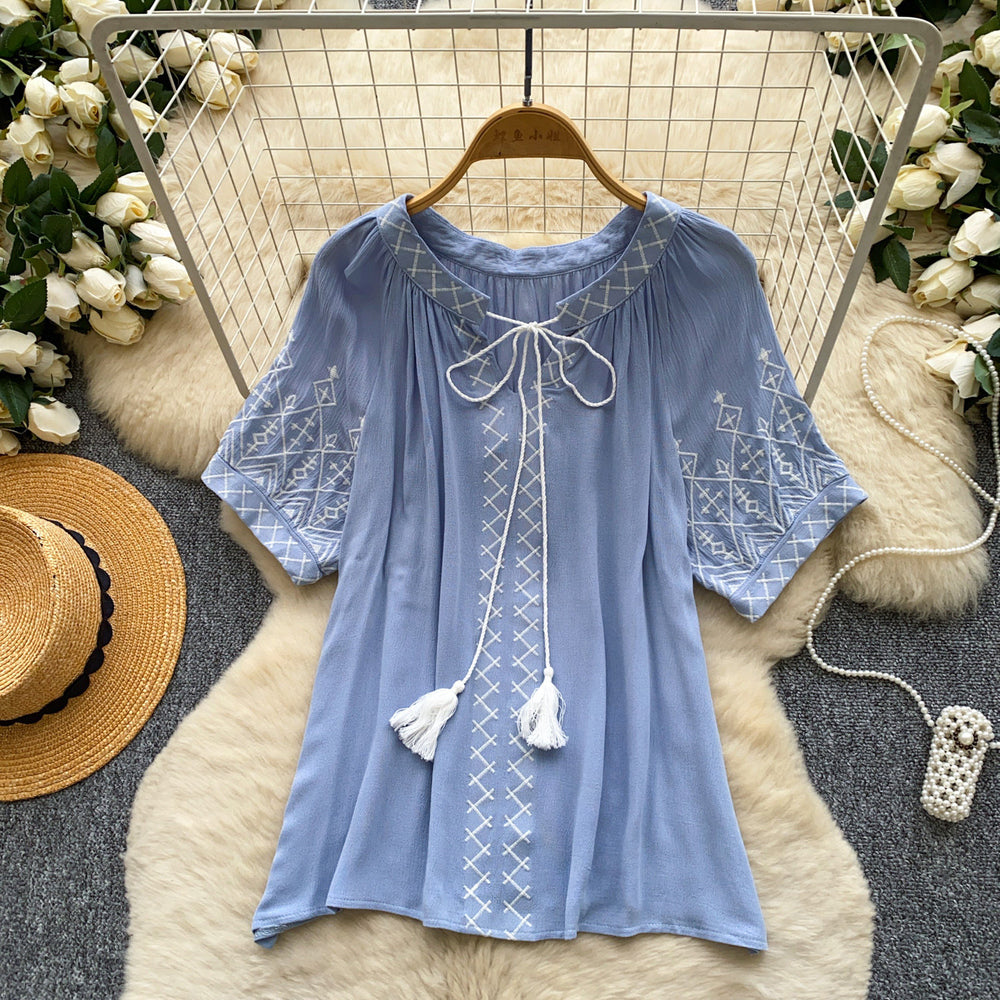Korean style embroidered breathable ethnic blouse - women's summer short sleeve loose tie-waist top, age-defying commute style