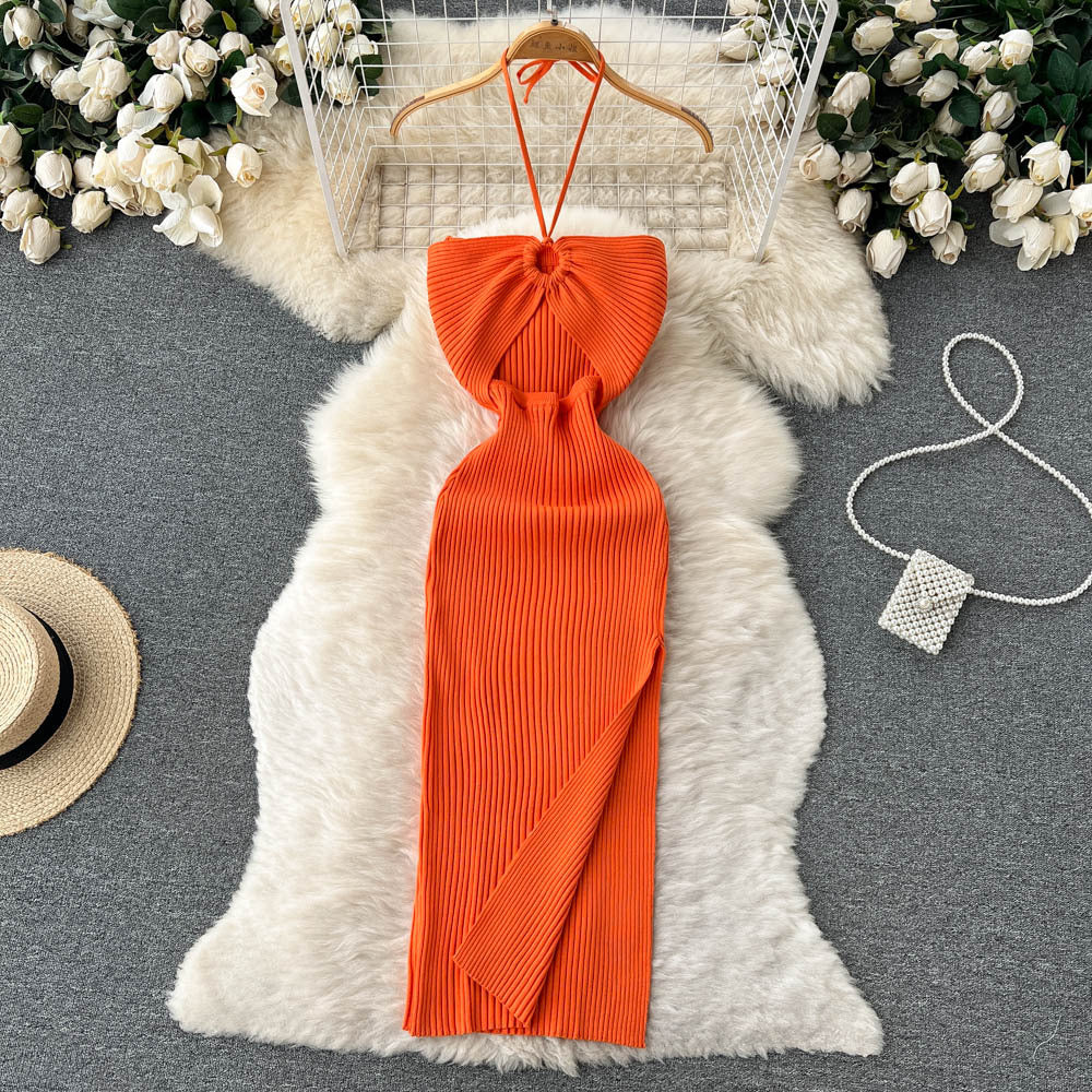 Spring and summer elegant socialite haltercut outtube top hip-covering long skirt women's tight sexybackless slit knitting long skirt