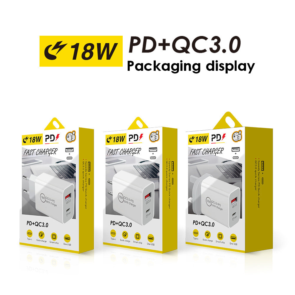 Pd20w charger us plug, 20w dual-port fast charging adapter, qc3.0 + pd compatible with apple, huawei, and xiaomi devices