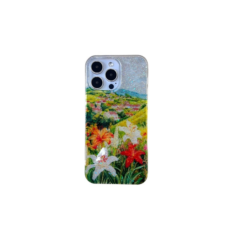 Orange lily flower suitable for iphone17promax mobile phone case glue glitter apple 16 anti-fall protective cover 15