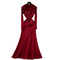 Xiaoxiangfengclassyfashionable doll collar long sleeves metal buckle waist knittingdress female autumslimming look long skirt