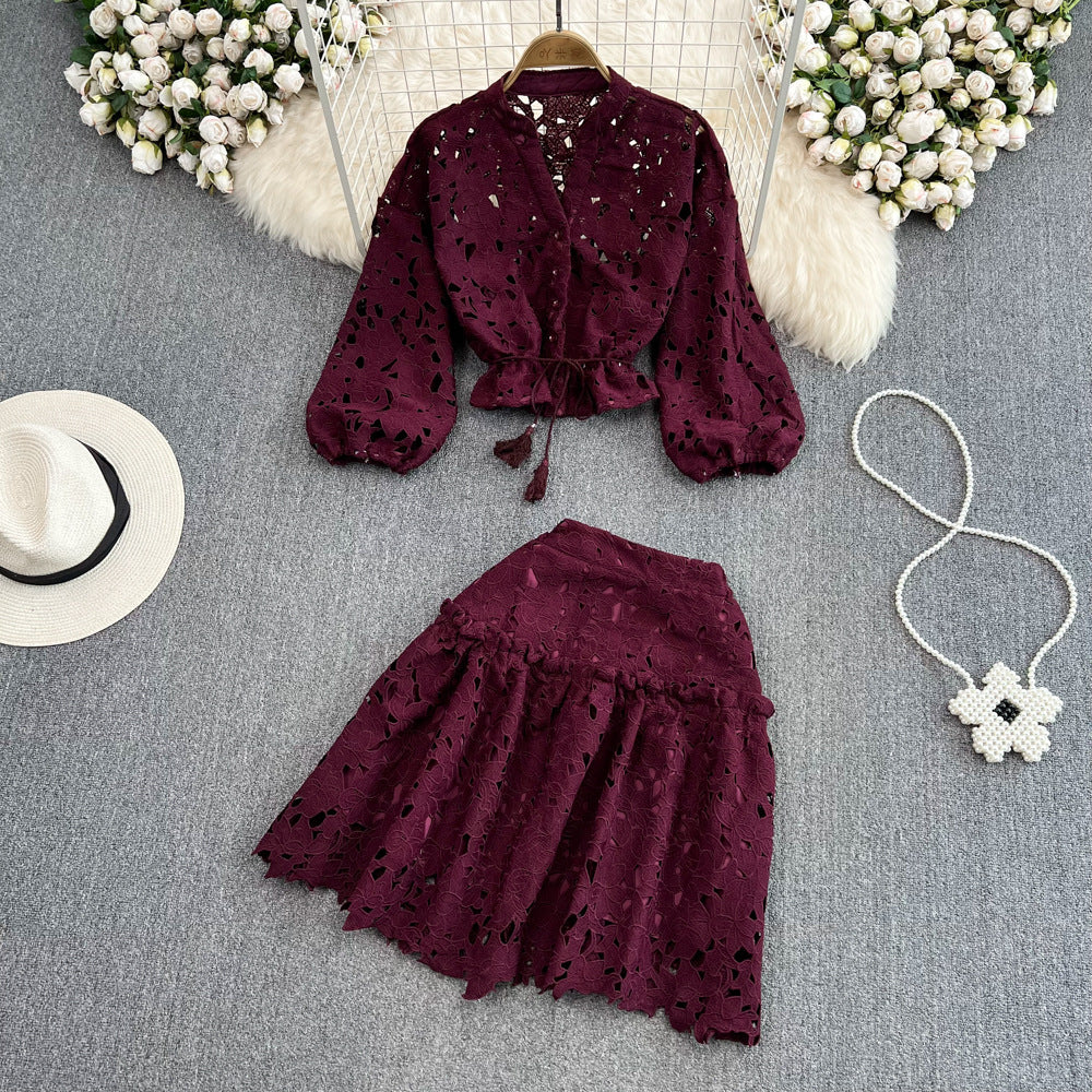 Retroelegantv neckcut outembroidered lantern sleeveshortshirt women's two-piece set high waistslimming looka-line skirt