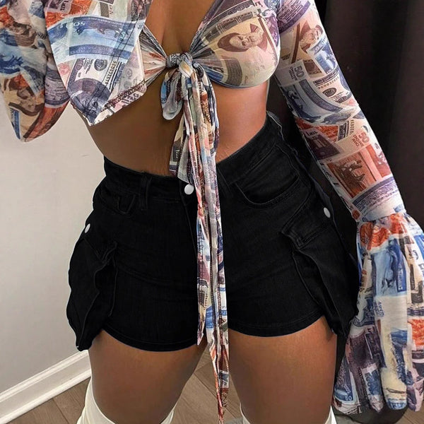 European and American babes sexy tight babes mid-waist workwear pockets denim shorts