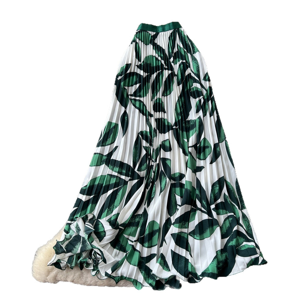 Export cross-border printing high waist a-line pleated skirt women's summerpleated skirt mid-length skirt work clothing holiday style