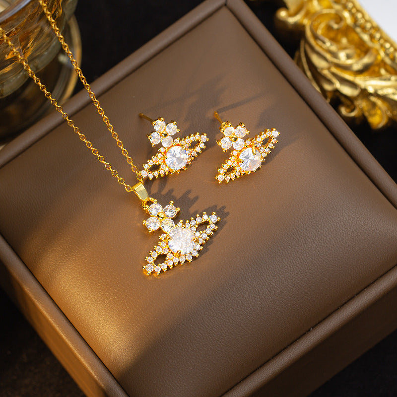 Classy micro-paved zircon saturn titanium steel necklace for women, queen mother clavicle chain, full diamond earrings, pendant jewelry set