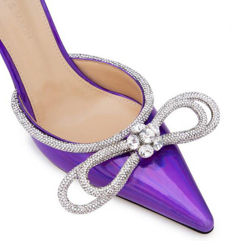 Slip-on laser bow rhinestone high-heeled slippers, stiletto heel, pointed toe, half-slippers, outwearfashion style new arrival