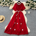 European and american light luxury high-end short-sleeve dress for women - summer pleated, rhinestone-embellished, pearl belt design