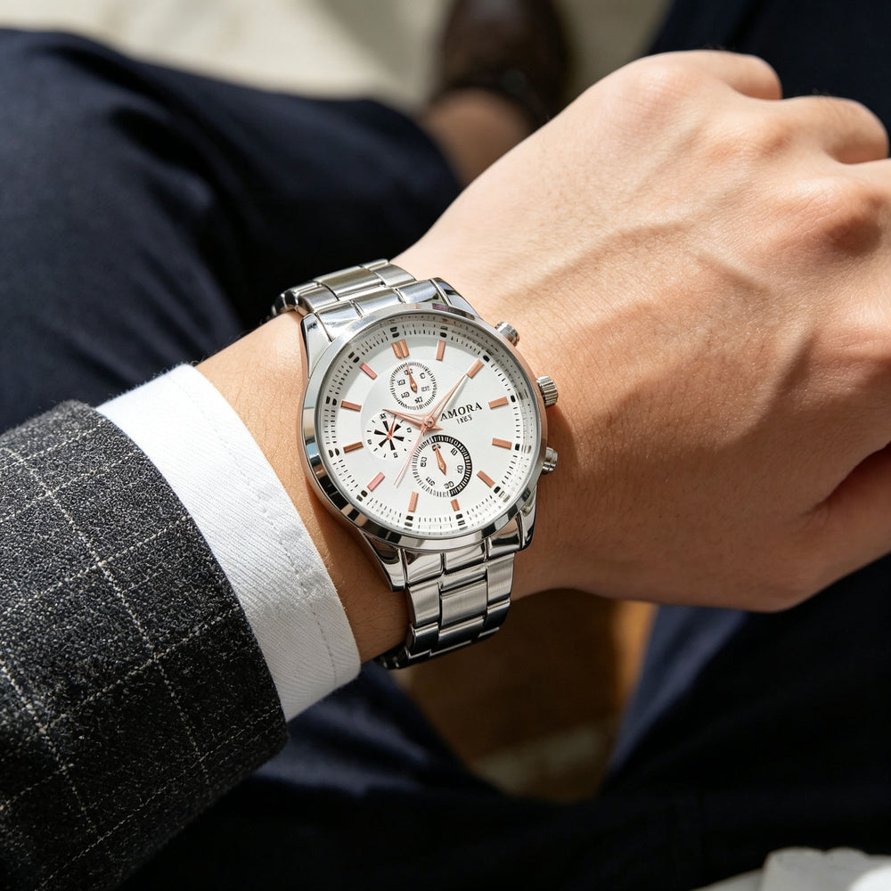 three-eye men outdoor sports steel belt stainless steel fashion business luminous men quartz watch