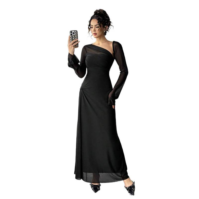 fashionautum mesh patchworklong sleeveselegance asymmetrical pleated silma-linedress women