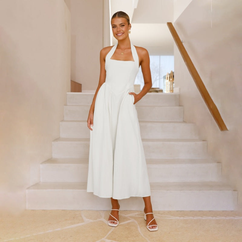 Fashion cross-border foreign trade   new elegant women's pure color square collar waist halter backless dress