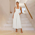Fashion cross-border foreign trade   new elegant women's pure color square collar waist halter backless dress