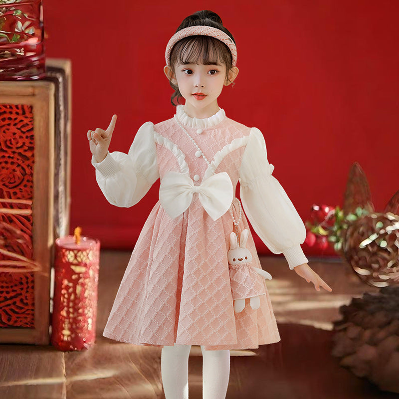 Hot-selling girls' dresses in stock: festive red new year outfit with plush lining - stylish and trendy winter wear for kids