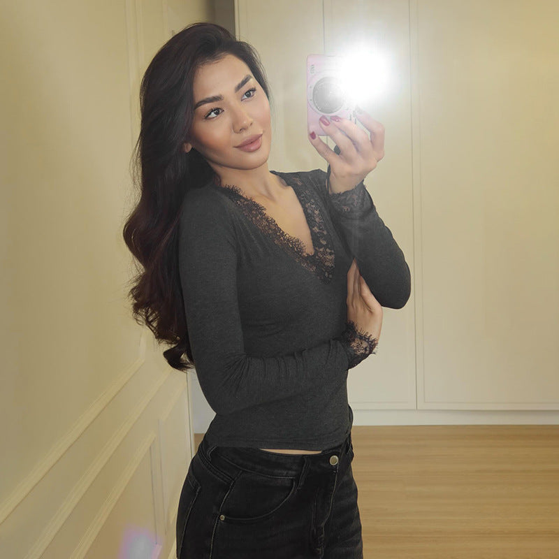 European and american cross-border hot-selling spring new women's solid color fashion v-neck lace trim patchwork waist-defining slim-fit top