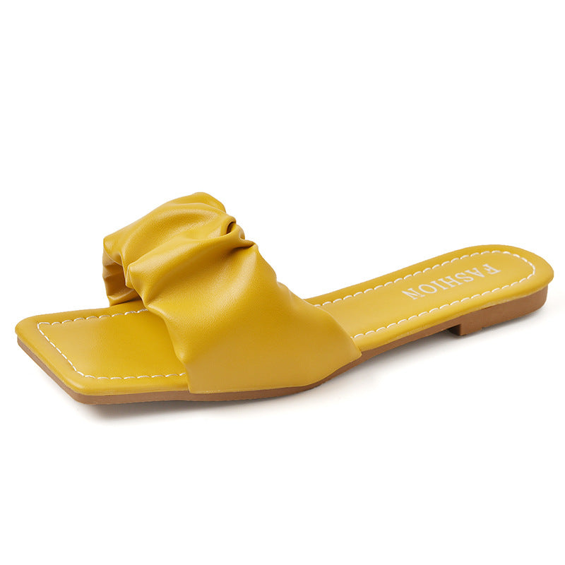 Flat-heeled slippers women's new summer 2020 Korean version outer wear fashion pleated sandals square head fairy style one-word slippers