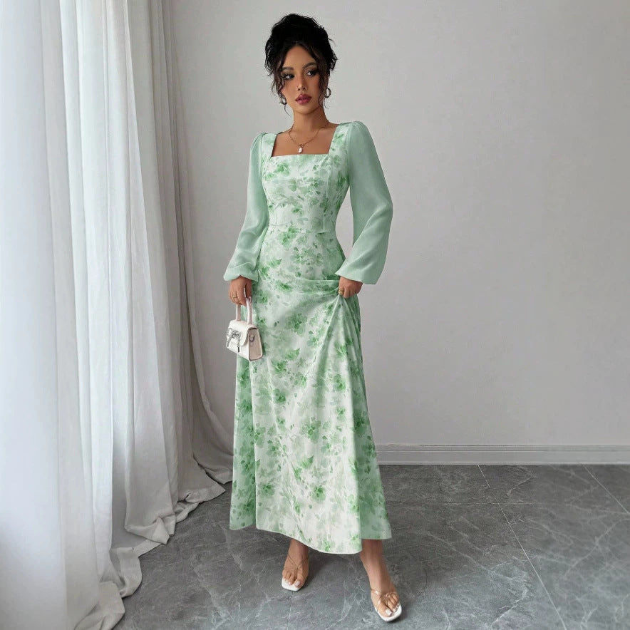 European and american cross-border  french mist light green smudged long skirt square neck long high waist a-line long fairy dress