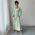 European and american cross-border  french mist light green smudged long skirt square neck long high waist a-line long fairy dress