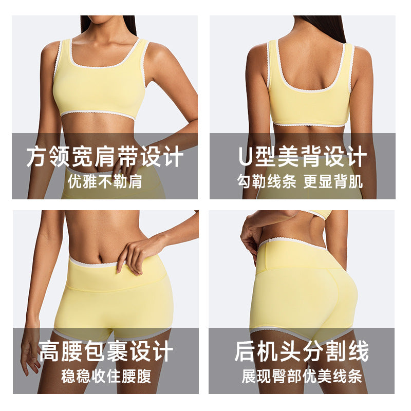 Ready-to-ship european and american style compression activewear set: bra, barely-there shorts, perfect for running, pilates, fitness, and yoga. ships in 48 hours