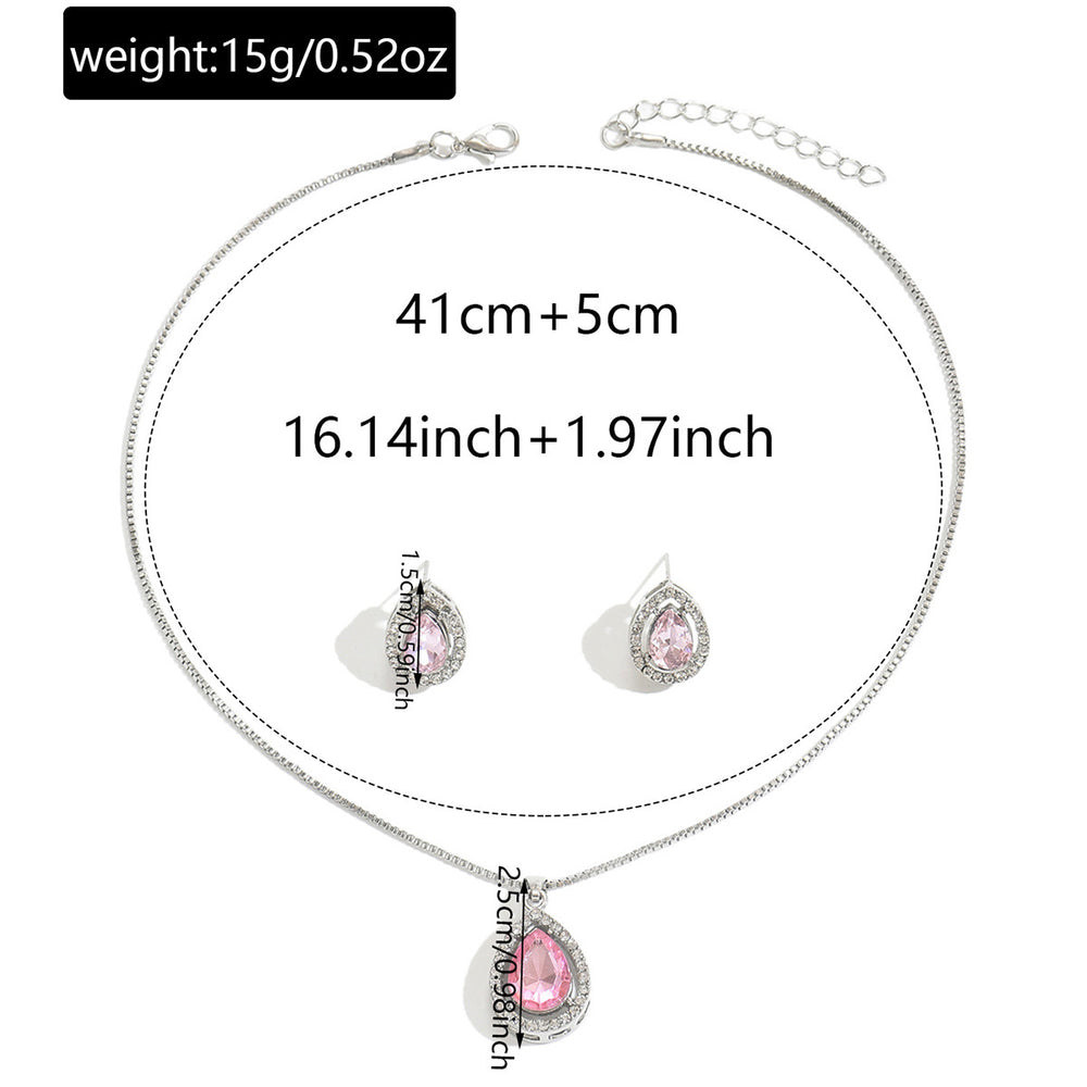 European and american cross-border fashion teardrop pendant jewelry set - women's pink sweet, light luxury, high-end necklace and earring set