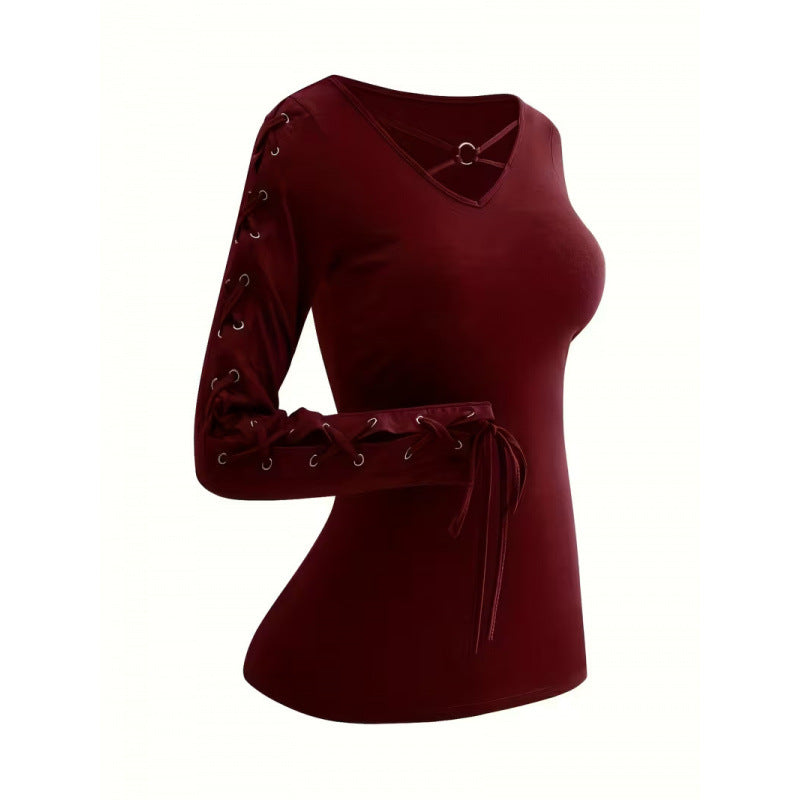 autumn fashion top: harajuku-style, solid color, trendy, hollow-out long sleeve tee - cross-border apparel