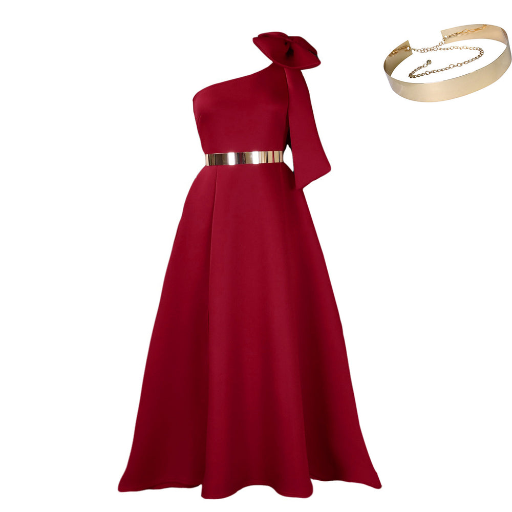 C8613exportfashion summer new arrivalelegantfashion oblique shoulder bow banquet dress long skirt african dress