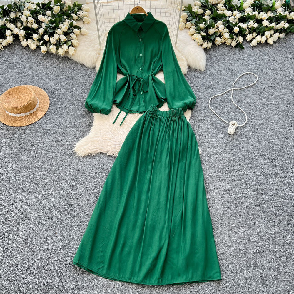 Minimalist solid color elegant women's spring outfit: bubble sleeve tie-up blouse + elastic waist slimming midi skirt