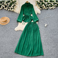 Minimalist solid color elegant women's spring outfit: bubble sleeve tie-up blouse + elastic waist slimming midi skirt