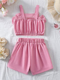 cross-border girls' fresh & sweet camisole with 3d floral appliqué + slit skort set - toddler outfit