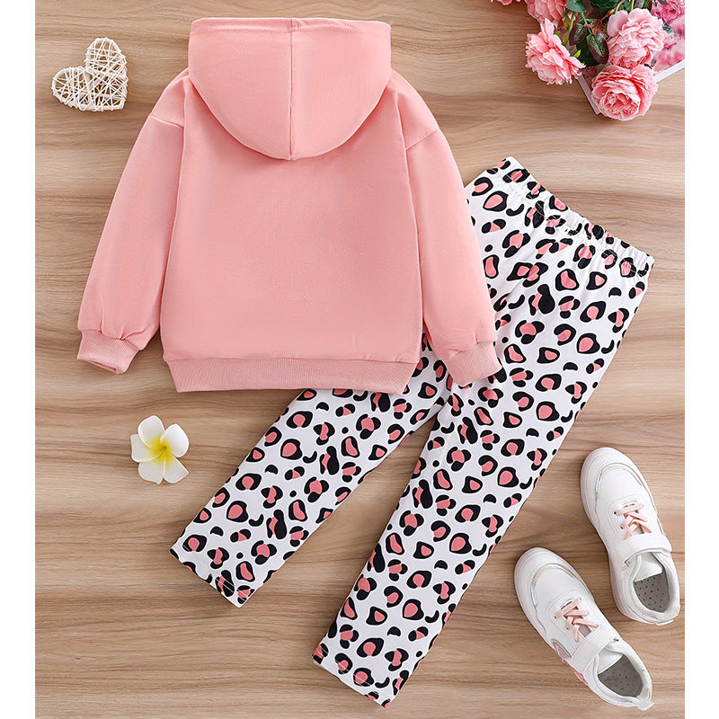 girls' hooded sweatshirt set - pink korean style cat print patterned pants long sleeve kids two-piece outfit