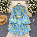 Frenchretro blue long sleeves floral dress female k-style stand collar tie back waist slimming look a-line skirt lady style