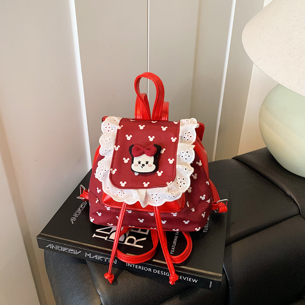 Sweet and cute fashion flip-top backpack for female students, new autumn and winter lace schoolbag, cartoon girl backpack
