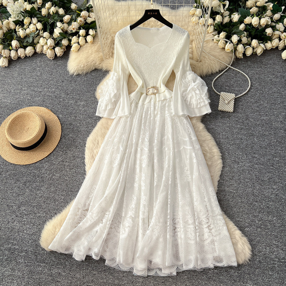 Light mature style lace lantern sleeve cut outdress female stereo flower waist slimming look a-line skirt classy sense of elegant