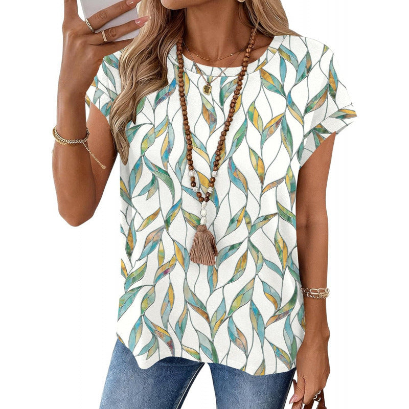 Amazon fashionelegance round neck short sleeve shirt women's  summer new casuallooseeleganttops