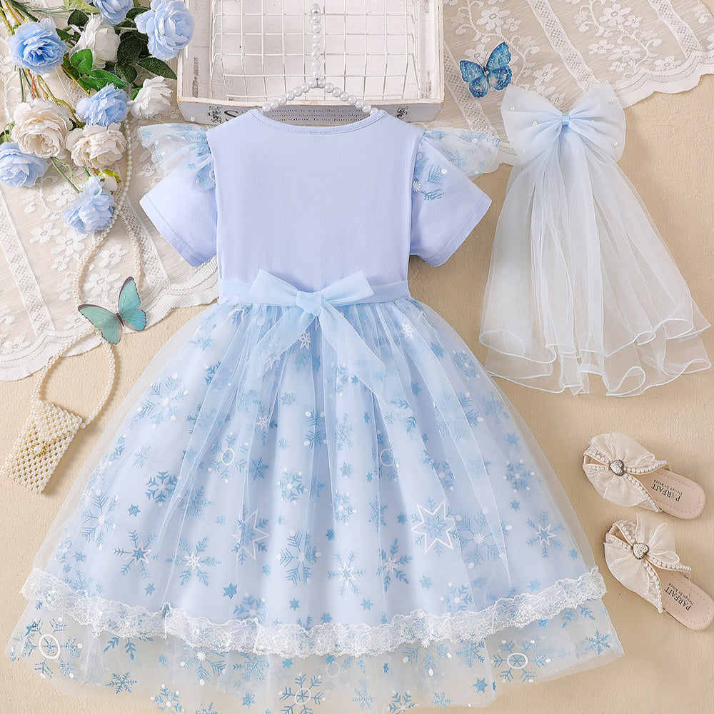 Girls' frozen elsa snowflake short-sleeve mesh princess dress - new summer collection - kids' lace tutu party dress