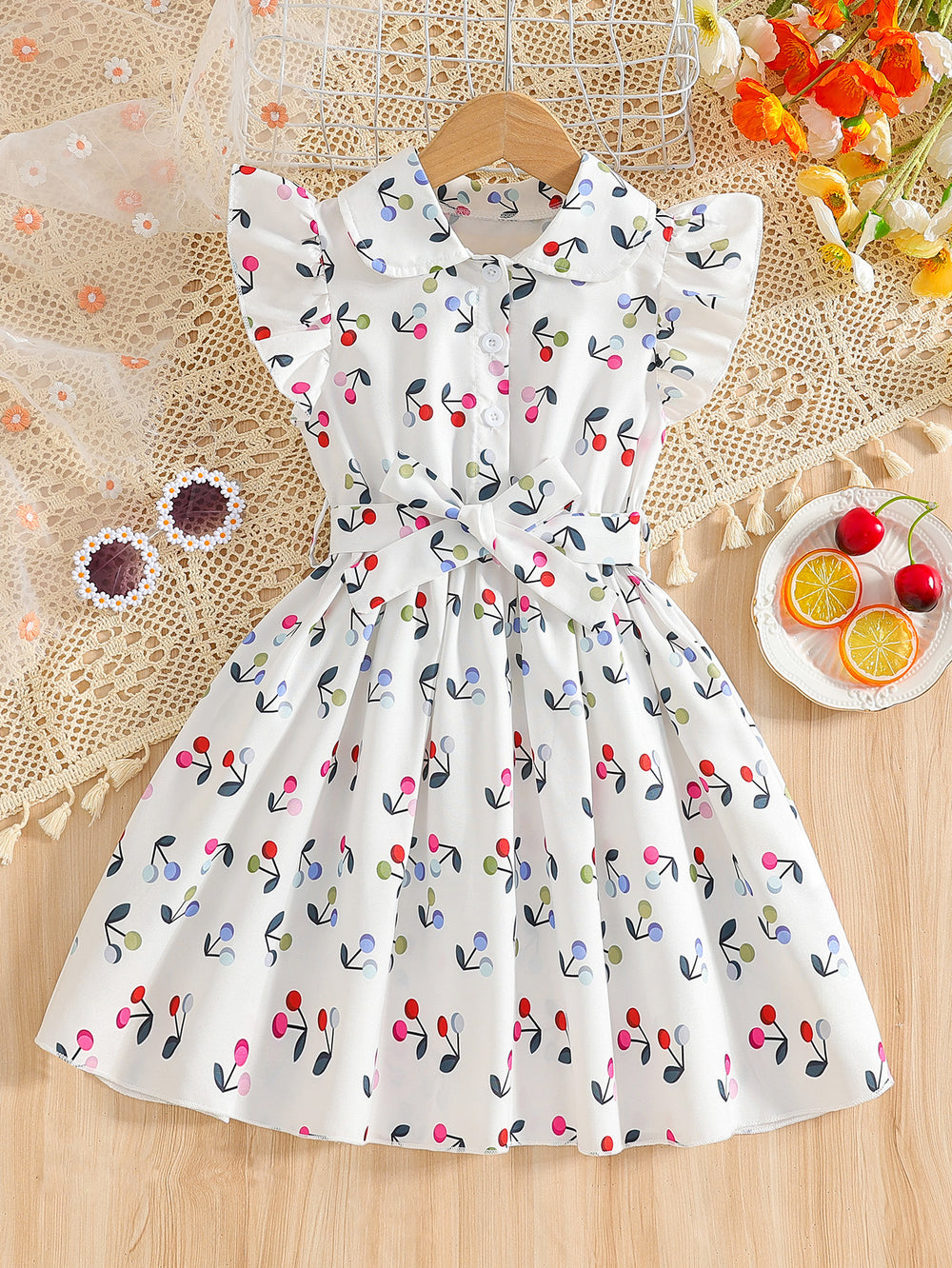 Girls' summer dress for export: white flutter sleeve, peter pan collar, cherry print, bow belt, children's princess dress