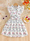 Girls' summer dress for export: white flutter sleeve, peter pan collar, cherry print, bow belt, children's princess dress