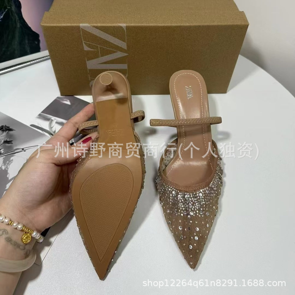 Summer new arrivals 2024: french pointed-toe high heels - mesh, rhinestone-embellished, low-cut, slingback, open-back stiletto sandals for women