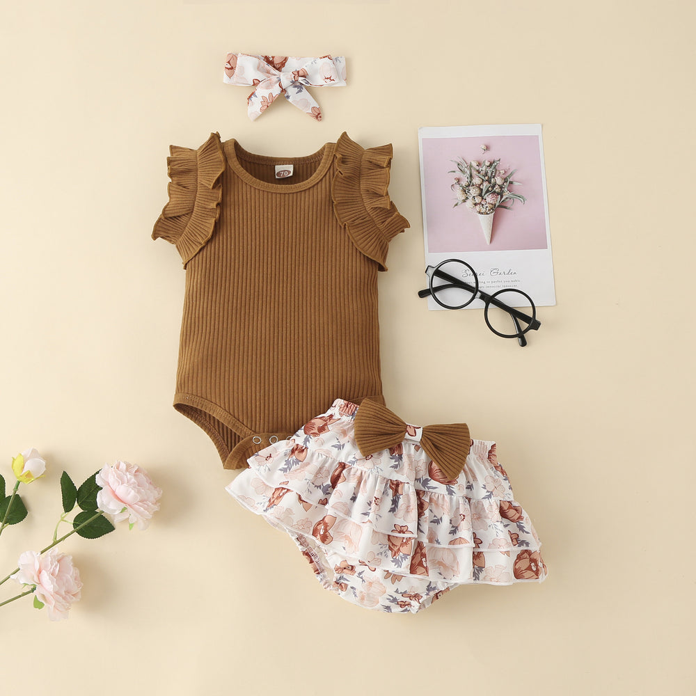 Children's summer kids khaki bag butt skirt girl vest cotton edge floral skirt bows infant short sleeve