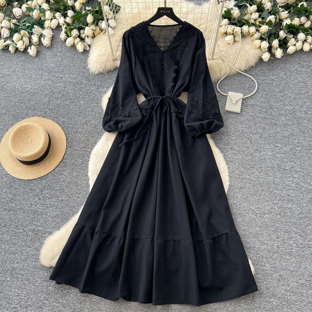 French chic lantern sleeve crochet embroidered dress - women's summer korean style tie-waist a-line maxi dress