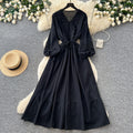 French chic lantern sleeve crochet embroidered dress - women's summer korean style tie-waist a-line maxi dress