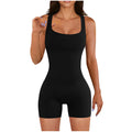 summer women's zipper solid color square neck sleeveless waist tight one-piece shorts yoga pants
