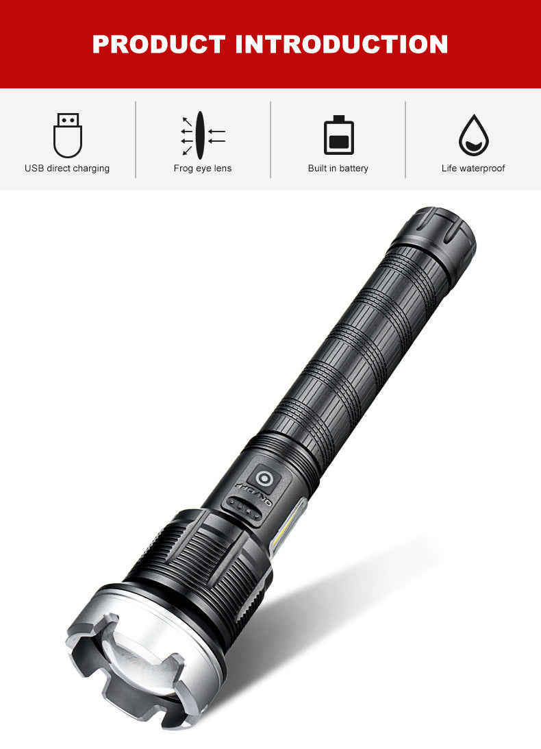 Cross-border new XHP90 + COB strong light flashlight USB charging outdoor zoom remote shooting tactical LED flashlight