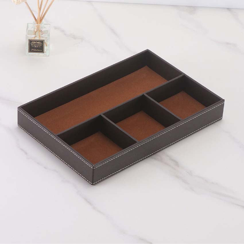 Desktop multi-purpose leather stationery storage tray PU material four-grid storage box pencil case with grid tray