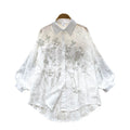 French style women's top - new early autumn long sleeve shirt with heavily embellished diamond and 3d floral embroidery, versatile and slimming chiffon blouse