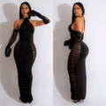 X6379   fashion women's solid color long gloves hollow lace long dress