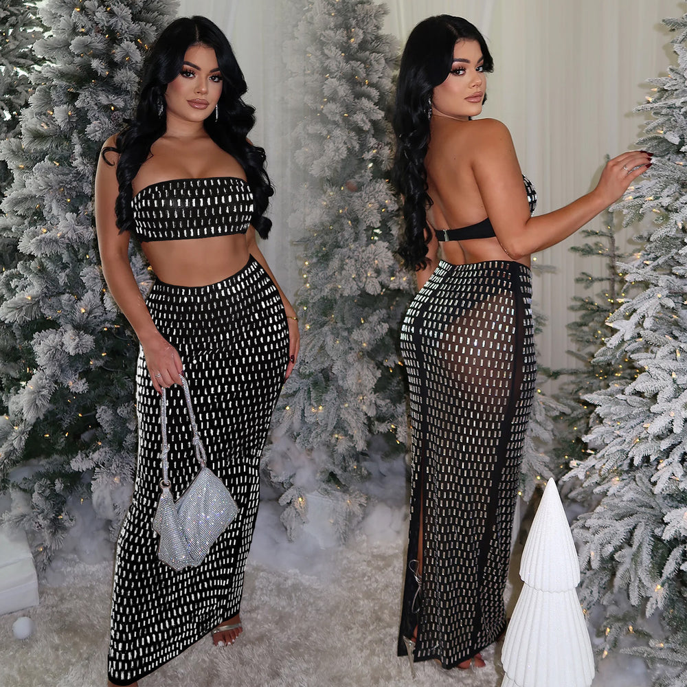C7222 cross-border   fashion women's sexy bandeau hotfix rhinestone bodycon maxi dress two-piece set