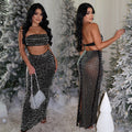 C7222 cross-border   fashion women's sexy bandeau hotfix rhinestone bodycon maxi dress two-piece set