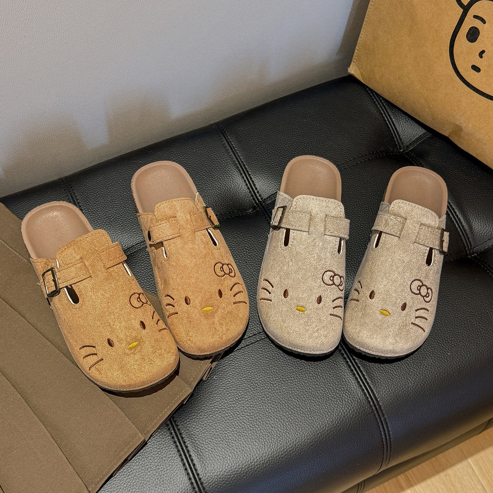 Sewing cartoon cat birkenstock shoes women's half-slippers thick sole loafers outweareasiest for match soft bottom spring summer toe-cap shoes wholesale