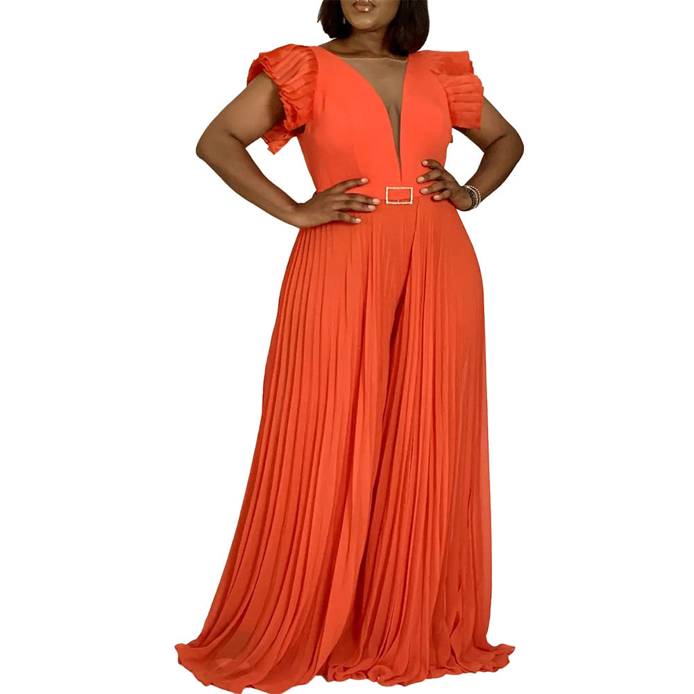 Amazon european and american women's summer new fashion patchwork sexy pleated high waist loose wide leg pants foreign trade jumpsuit